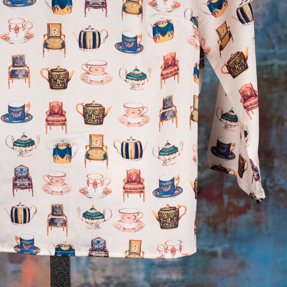 Talbots Tea Party Theme Blouse Women's SMALL Colorful Satin Cups Chairs England - Picture 4 of 7